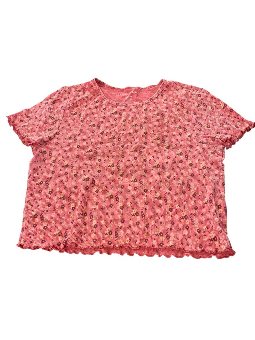American Eagle Womens XL Pink Floral Waffle Knit T-Shirt With Lettuce Trim